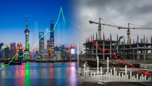 A dramatic split image showing modern Shanghai skyline on one side and abandoned construction sites on the other side, with economic charts crashing in the background, representing China's economic transformation