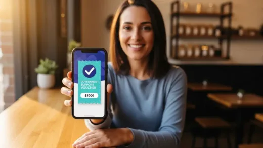 A small business owner smiling while holding a smartphone, with a government support voucher graphic appearing on the screen. Bright, hopeful lighting in a cozy cafe or shop setting.