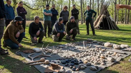 An engaging outdoor scene with people gathered around, ready to start an experimental archaeology session. There are stone materials and tools laid out. The atmosphere is curious and eager.