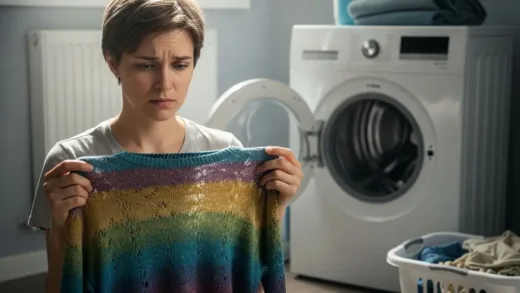 A concerned person looking at a faded colorful sweater in their hands, with a washing machine in the background, soft natural lighting in a laundry room setting