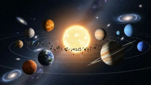 A breathtaking view of our solar system from space, showing all planets orbiting the sun in their respective orbits, with stars and galaxies in the background, cinematic, highly detailed, 8k resolution