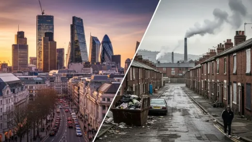 A stark visual contrast between the luxurious London financial district with skyscrapers and modern architecture versus impoverished industrial towns in northern UK, showing clear economic inequality through visual elements