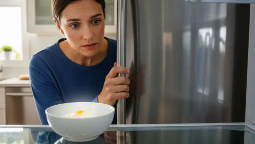 A person cautiously opening a refrigerator, with a thoughtful expression, a soft boiled egg in a bowl. The kitchen is clean and modern, with natural light filtering in.