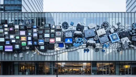 A modern Sony headquarters building with a transition from old CRT televisions on the left to PlayStation consoles, movie reels, music notes, and image sensor chips on the right, symbolizing Sony's business transformation.