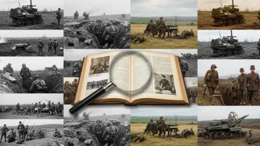 A compilation of historical war images, transitioning from black and white to color, with an overlay of a magnifying glass or an open history book.