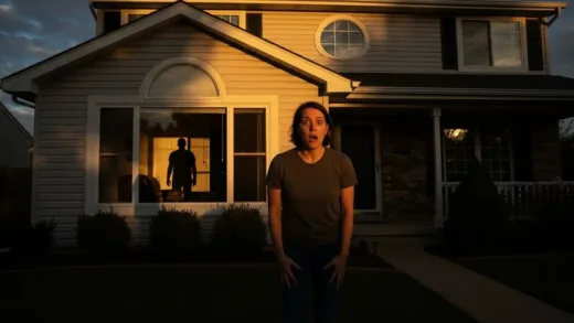 A person standing in front of their house with a shocked expression, while a silhouette of a squatter is inside. The house looks typical American suburban. Dramatic lighting.