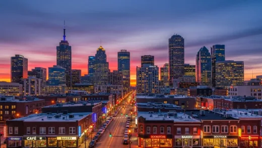 A vibrant city skyline at dawn, with small businesses lights turning on, a spotlight shining on a hand holding cash, symbolizing new hope and financial support for small businesses.