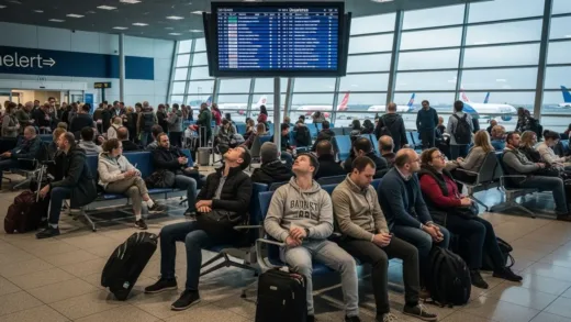 A bustling airport terminal with many travelers, some looking at flight information, with a subtle hint of worry in the air, low-cost carrier planes visible through the windows. The atmosphere is vibrant yet tinged with a hidden struggle.