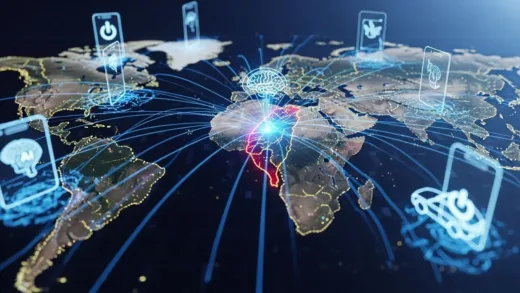 A detailed, futuristic global map highlighting Taiwan as a central hub, with data flows and technological symbols emanating from it. The map is overlaid with abstract representations of smartphones, AI brains, and autonomous vehicles, all appearing to power down or halt, symbolizing a global tech standstill. The atmosphere is tense and dramatic, with a subtle glow around Taiwan indicating its critical importance. Focus on sophisticated data visualization and a sense of impending crisis. The color palette should be dark blues, purples, and electric neons.