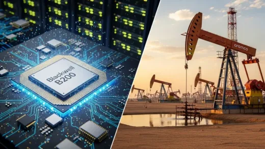 A vibrant, dynamic image showing Nvidia's advanced AI chips and data centers on one side, juxtaposed with a majestic, modern oil rig or a vast oil field from Saudi Aramco on the other. Emphasize the contrast between "new tech money" and "old industry wealth."