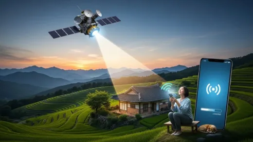 A space satellite transmitting internet signals to a small, isolated house in a rural Korean landscape, symbolizing a breakthrough in communication. In the foreground, a smartphone user looks up in surprise.