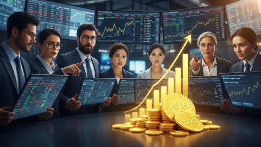 A dynamic graph showing rapidly rising gold prices, with golden coins and bars in the foreground. People are observing financial data on screens.
