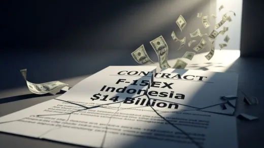 A shattered contract document with 'F-15EX Indonesia $14 Billion' written on it, money flying away, dramatic cinematic lighting, symbolic of a broken deal