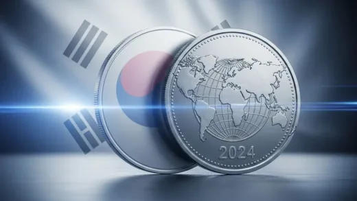 A stylized image showing a coin blank transforming into a finished coin, with a subtle Korean flag motif in the background, representing a global impact. High-tech, metallic, and modern feel.