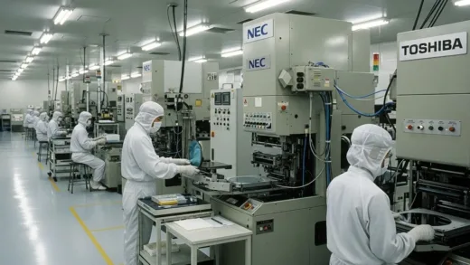 1980s Japanese semiconductor factory with high-tech clean room, workers in protective suits, large manufacturing equipment, NEC and Toshiba logos visible, representing Japan's semiconductor dominance era