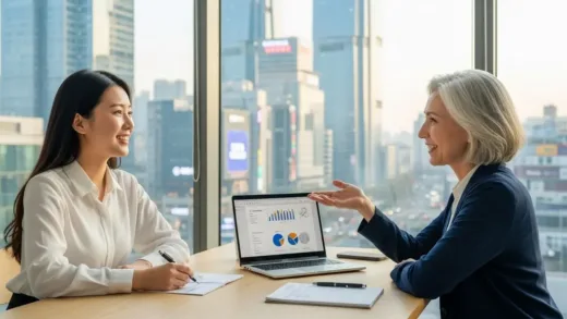 A small business owner looking hopeful, receiving support or advice, with a background of modern Seoul city.