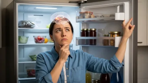 A person standing in front of an open refrigerator, looking puzzled and trying to remember something, with a faint, transparent brain overlay showing fading activity.