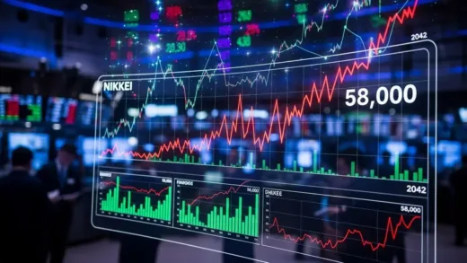 Tokyo stock exchange board showing Nikkei index surging to 58,000 points, digital data visualization with rising graphs, vibrant red and green colors, futuristic financial dashboard, intense market activity