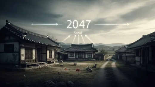 A dramatic and thought-provoking image showing an empty Korean countryside village with fading traditional houses, a countdown clock floating in the sky showing the year 2047, with arrows pointing towards Seoul representing population concentration, in a photorealistic style with muted tones and symbolic elements.