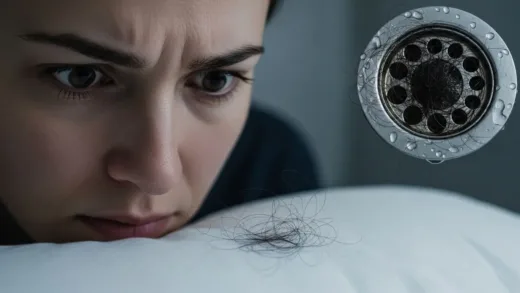A person looking worriedly at hair on a pillow, with a shower drain full of hair in the background. The scene conveys anxiety about hair loss.