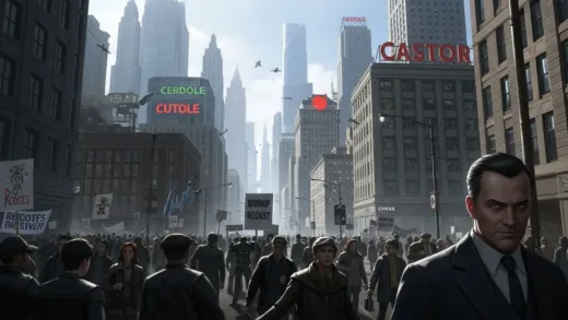 A bustling pre-war city street with crowds of people protesting against robots, while towering skyscrapers with corporate logos loom in the background. In the foreground, a man in a suit watches the chaos with a sinister expression. The overall atmosphere is tense and on the brink of collapse.