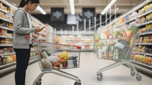A person looking at a shopping cart that appears half-empty compared to a full one from the previous year, with a subtle background of economic charts showing inflation.