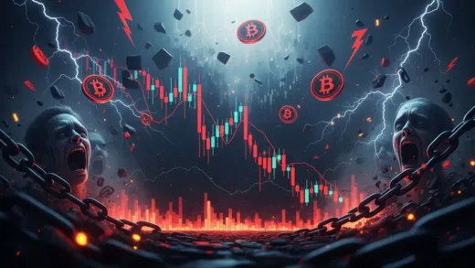 A dramatic digital art showing Bitcoin chart crashing down with fear and panic symbols around it, dark moody atmosphere, financial crisis visualization, highly detailed, cinematic lighting