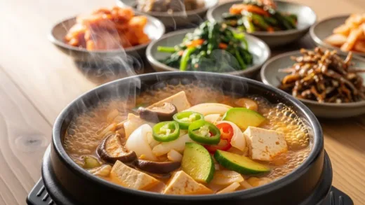 A warm bowl of traditional Korean doenjang-jjigae (soybean paste stew) with various vegetables, steam rising from the bowl, placed on a wooden table with Korean side dishes in the background, soft natural lighting, photorealistic style