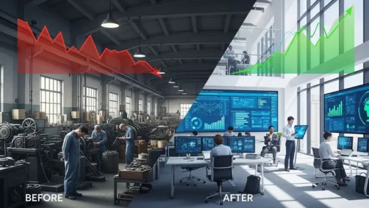 A dramatic before-and-after contrast showing Hitachi's transformation: left side shows a gloomy, struggling factory with red financial charts, right side shows a modern digital company with green growth charts and global operations, in corporate visual style