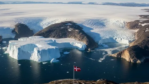 Aerial view of Greenland showing massive ice sheets meeting the ocean, with a small Danish flag visible in the foreground, illustrating the scale contrast between the island and Denmark