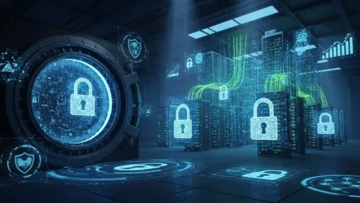 A futuristic digital vault with glowing data streams flowing into secure servers, representing the value and security of corporate data in the AI era, with holographic locks and cybersecurity symbols, cinematic lighting, ultra-detailed.