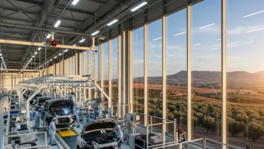 A modern automobile factory in Morocco with European car brands being assembled, showing workers in clean uniforms and automated production lines, with the African landscape visible through factory windows