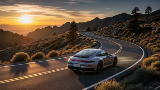 A sleek silver Porsche 911 on a winding mountain road at sunset, representing the iconic sports car brand, with dramatic lighting casting long shadows.