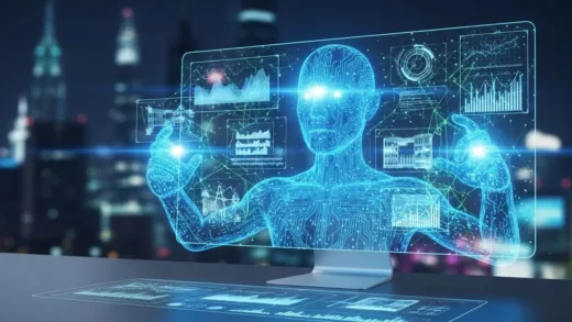 A futuristic AI assistant with glowing circuits, seamlessly integrated with a computer interface, performing complex tasks autonomously. The scene conveys innovation and rapid technological advancement.