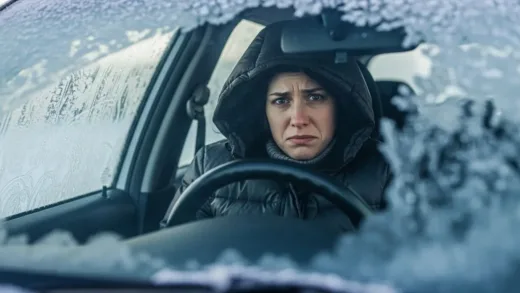 A concerned winter driver wearing a thick puffy jacket sitting in a car driver's seat, looking at camera with questioning expression, frost on car windows, realistic photo style, high detail