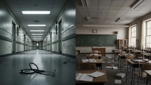 An empty hospital corridor with an abandoned stethoscope on the floor and an empty classroom with scattered books, symbolic of healthcare and education system crisis, moody lighting, realistic photo style
