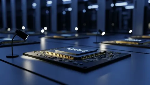 A futuristic visualization of HBM4 semiconductor chips with glowing circuits, showing multiple layers stacked together in an advanced AI data center setting, with light trails representing data flow and energy efficiency