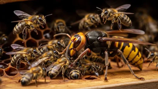 A giant Asian giant hornet (Vespa mandarinia) attacking honey bees in a hive, dramatic lighting, macro photography, detailed textures, intense action scene