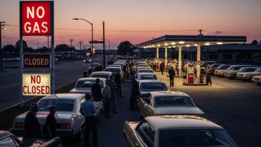 A dramatic historical scene showing long queues of cars at American gas stations during the 1973 oil crisis, with anxious drivers waiting, vintage cars, gas station signs showing 'No Gas' or 'Closed', atmospheric dusk lighting, photorealistic style, 1970s aesthetic