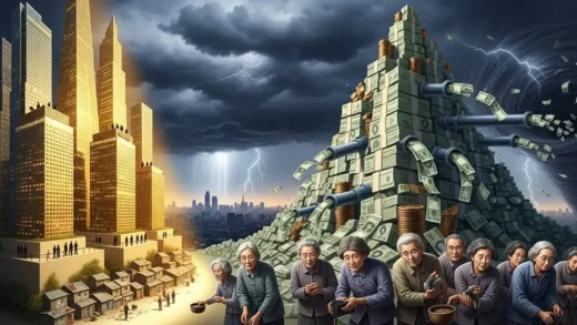 A dramatic illustration of the Korean economy in crisis, showing an elderly population, towering debt mountains, money flowing overseas, and extreme wealth inequality, with a dark storm cloud looming over Seoul's skyline, photorealistic style, dramatic lighting, symbolic economic elements