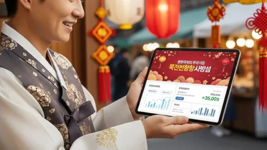A Korean small business owner looking happily at a tablet showing a government announcement about refunds, with a festive Lunar New Year background, digital interface showing financial information, realistic style, warm lighting, professional composition