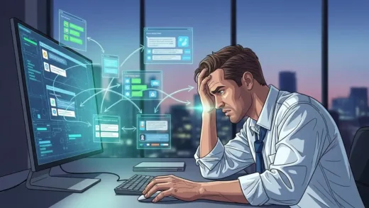 A professional businessman looking frustrated at multiple AI chatbot windows on computer screen, with arrows showing chaotic workflow between different AI tools, modern office background, digital art style