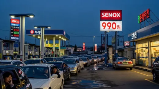 A realistic scene at a gas station in South Korea in the early 2000s, showing long lines of cars waiting to refuel. A distinctive 'Senox' sign with '990원 per liter' prominently displayed. Drivers looking relieved at the low price, contrasting with expensive regular gasoline prices on other pumps. Evening atmosphere with neon lights.