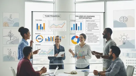 A transparent glass board showing team progress metrics, failures marked as learning opportunities. Team members openly discussing mistakes in a psychologically safe environment, with growth mindset visuals.