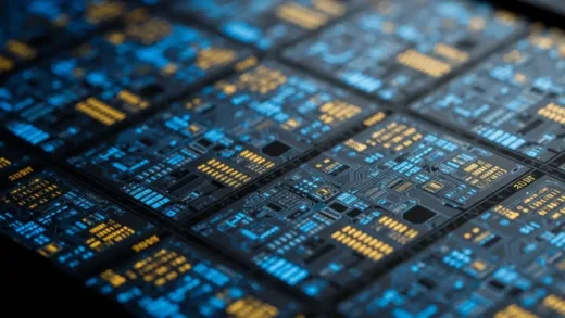 A hyper-realistic microscopic view of a semiconductor wafer with intricate circuit patterns, glowing with electric blue and gold light, representing advanced technology and precision engineering.