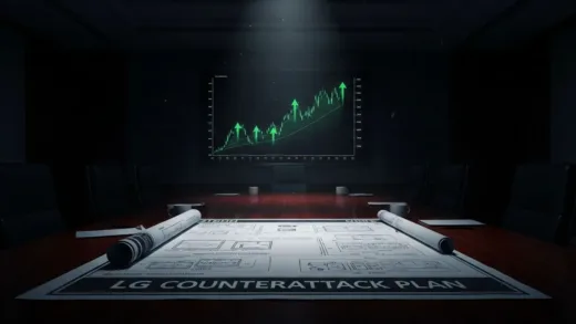 A dark, quiet corporate strategy room, a single light shines on a blueprint labeled 'LG Counterattack Plan', with faint glowing arrows pointing upwards on a stock market graph in the background, cinematic lighting, hyper-realistic, detailed.