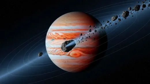A majestic illustration of Jupiter, with its iconic Great Red Spot, dominating the solar system. The Shoemaker-Levy 9 comet is depicted in pieces, heading towards Jupiter, emphasizing Jupiter's role as a cosmic protector. The image should convey a sense of awe and grandeur.