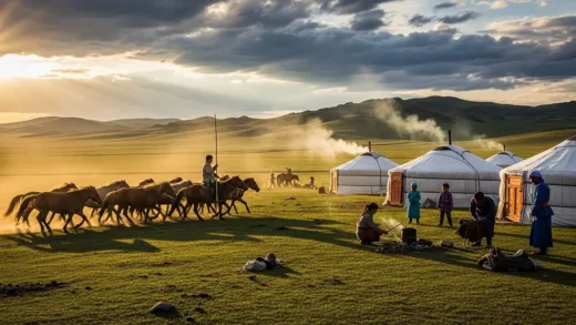 A panoramic view of Mongolian nomadic life with horses and yurts on vast grassland, dynamic movement showing herding and daily challenges, realistic style with dramatic lighting