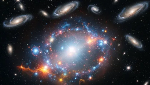 A breathtaking cosmic scene showing newborn stars forming in a glowing nebula while galaxies float majestically in the background, illustrating the contrast between ongoing star formation and static galaxy population, ultra-detailed, photorealistic, vibrant colors, 8k resolution