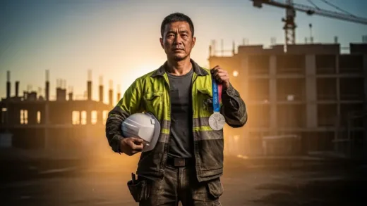 A determined middle-aged Asian athlete in construction work clothes, holding both a hard hat and an Olympic silver medal, standing at a construction site at sunset, symbolic contrast between manual labor and athletic achievement, photorealistic style, dramatic lighting
